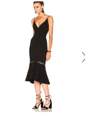 NICHOLAS Black Spaghetti-Strap Midi Dress with Lace Trim